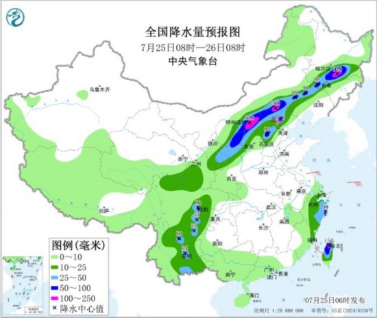 图1 全国降水量预报图(7月25日08时-26日08时) 。图片来源：中央气象台网站